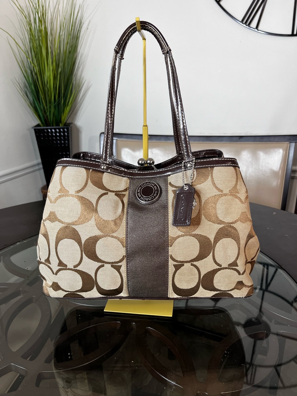 Coach Signature Stripe Kisslock
Carryall Tote (Style F19190)